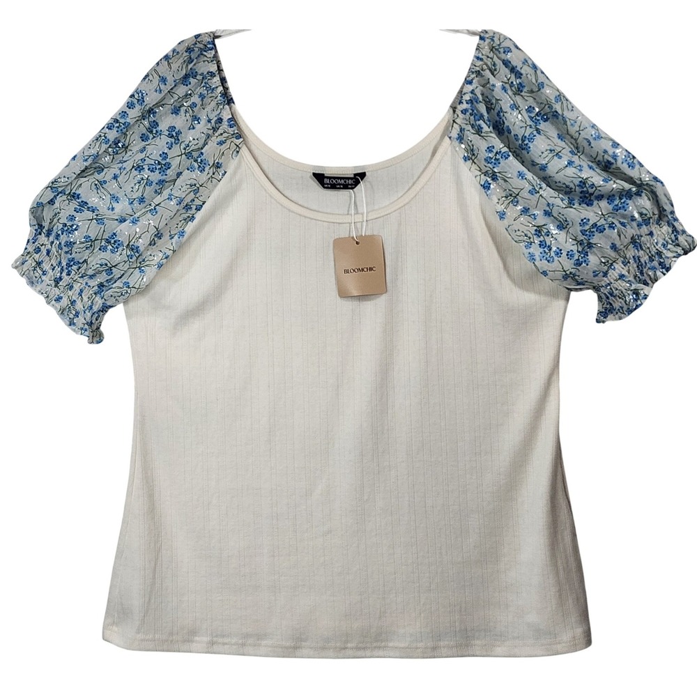 Bloomchic Floral Puff Sleeve Top Size 12 Cream Blue Cottagecore Ribbed Knit Tee - Picture 1 of 6